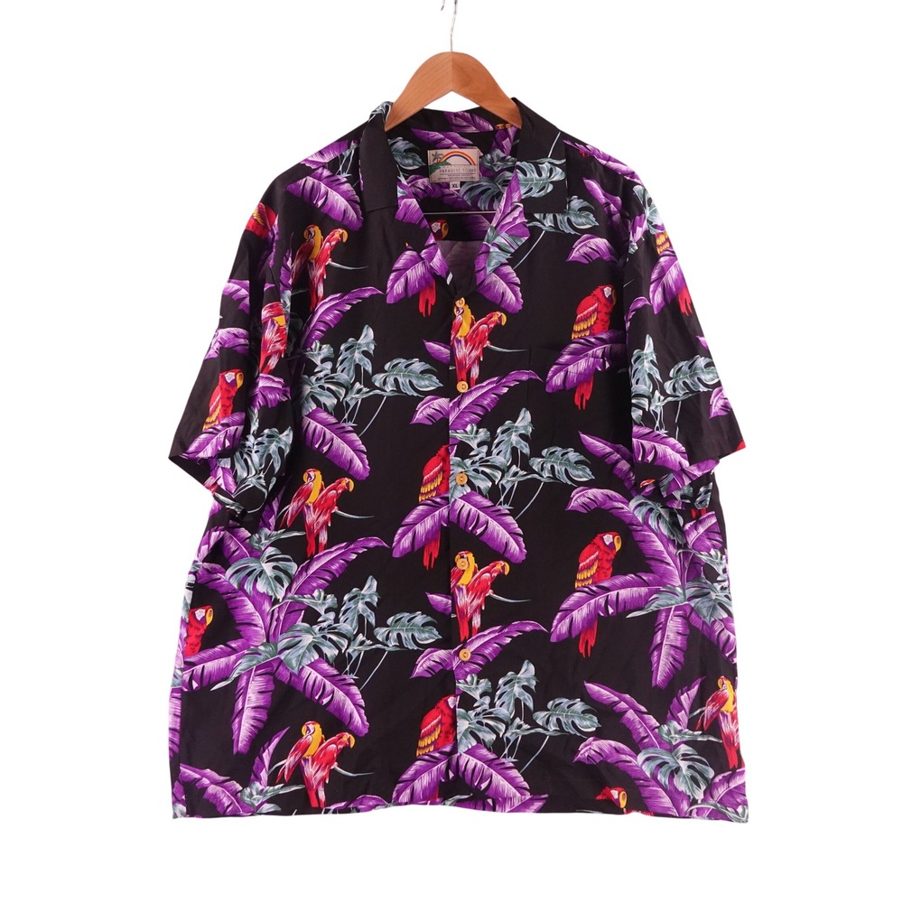 Paradise Found Hawaiian Shirt Mens XL Black Parrot Tropical Rayon Magnum PI